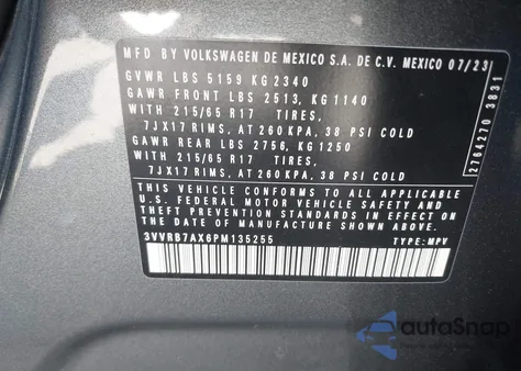 2023 Volkswagen Tiguan 2.0T S from USA, damaged, VIN 3VVRB7AX6PM135255